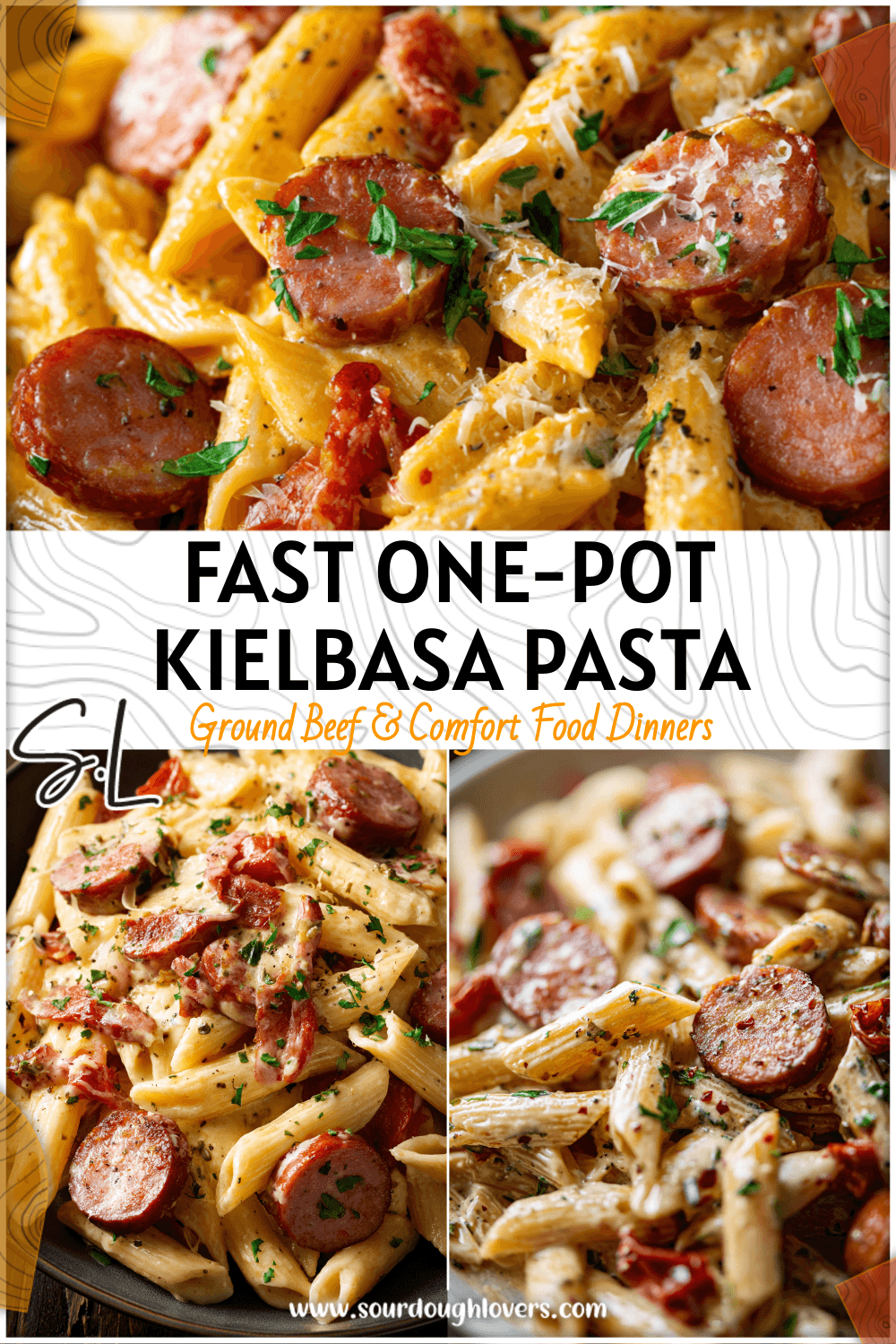 Close-up of one-pot creamy kielbasa pasta with penne, sausage slices, and creamy sauce.